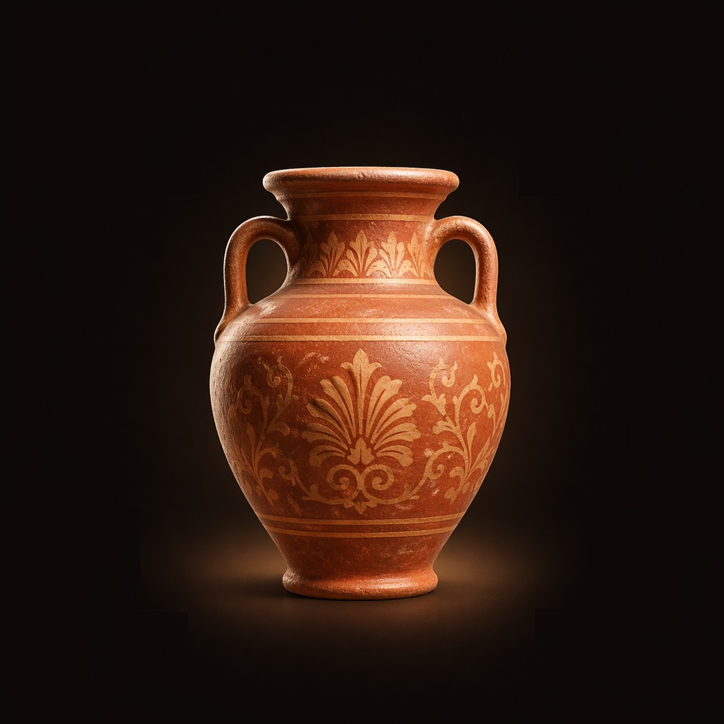A hand-painted terracotta vase framed by scanner brackets